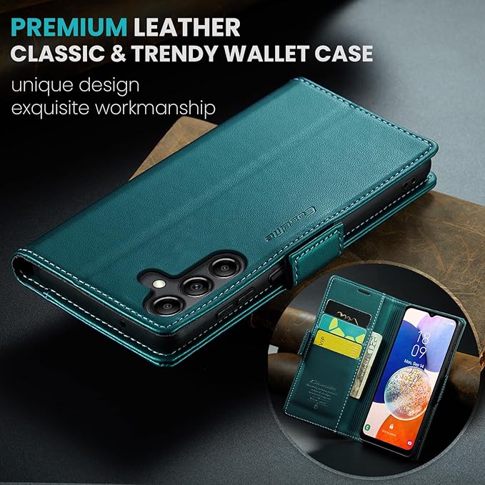 for Samsung Galaxy A14 4G/5G Case, Premium PU Leather Wallet Case Flip Cover with [RFID Blocking][Card Holder][Stand Function] Shockproof Protective for Samsung Galaxy A14, Blue-Green