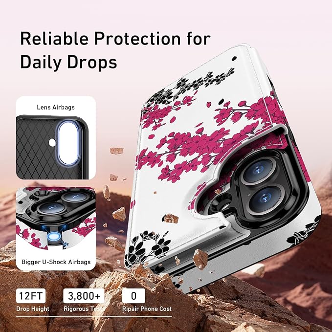 FUNMIKO for iPhone 16 Wallet Case with Card Holder, RFID-Blocking, Military-Grade Protection & UV-Printed Artwork, Magnetic Closure with Leather Kickstand - Dramatic Blossom Drift