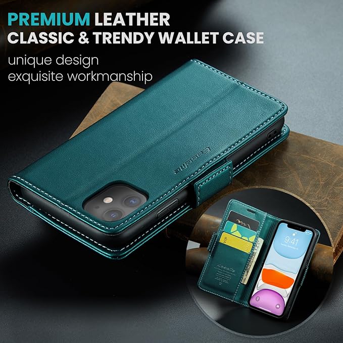 for iPhone 11 Case, Premium PU Leather Wallet Case Flip Cover with [RFID Blocking][Card Holder][Stand Function] Shockproof Protective for iPhone 11, Blue-Green