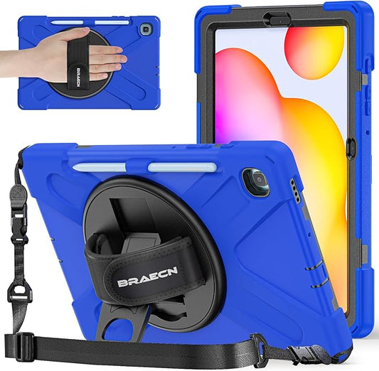 BRAECNstock Case for Samsung Galaxy Tab S6 Lite 10.4 Inch 2024/2022/2020 (SM-P620/P610/P619) Shockproof Protective Cover with Rotating Hand Strap Kickstand Pen Holder Galaxy S6 Lite Kids Case - Blue