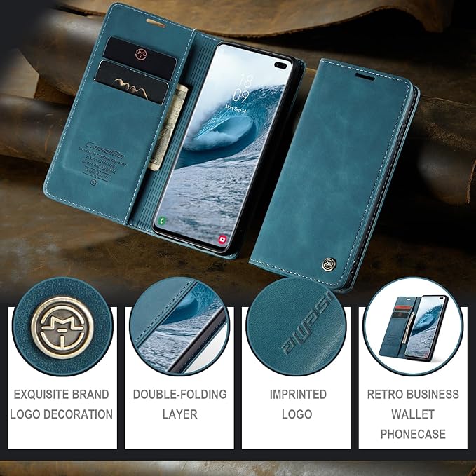 for Samsung Galaxy S10 Plus Case, Flip Wallet Leather Case with Card Holder Magnetic Closure Shockproof Kickstand Protective Phone Cases Cover for Samsung S10 Plus,Blue-Green