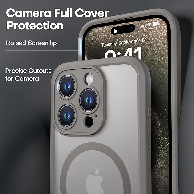 ImpactStrong Magnetic Guard Designed for iPhone 15 Pro Max Case [Camera Protection] [Military Grade Drop Tested] [Compatible with MagSafe] Slim Translucent Matte Phone Case (6.7") - Gray