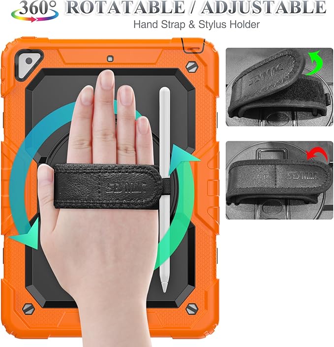SEYMAC stock Case for iPad Air 3 2019 / Pro 10.5'' with Screen Protector Pen Holder [360° Rotate Hand Strap/Stand], Drop-Proof Case (Black+Orange)