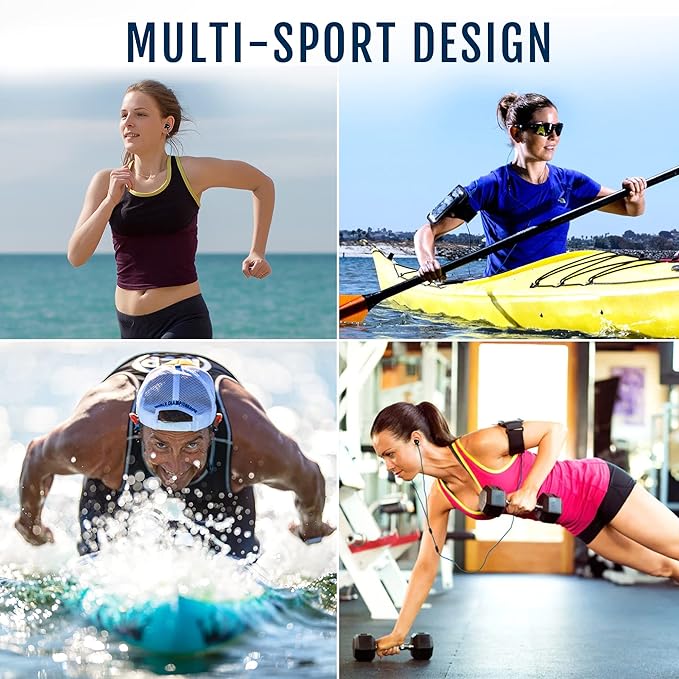 H2O Audio Surge+ 100% Waterproof Headphones - Noise Canceling, Sweatproof, IPX8 Swim Earbuds with Bass Boost, Multiple Earplug Sets, for Swimming, Running & Underwater Activities - Black/Blue