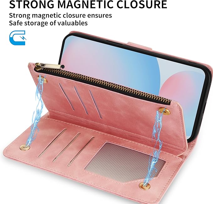 ZZXX for Samsung Galaxy S24 FE Wallet Case with RFID Blocking Card Slot PU Leather Zipper Flip Folio with Strap Kickstand Protective Cover for Samsung Galaxy S24 FE Case Wallet(Pink-6.7 inch)