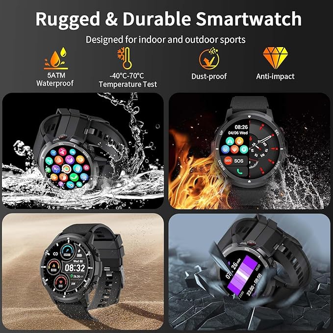Military Smart Watches for Men Women, 1.43'' AMOLED Fitness Watch with Heart Rate/BP/Sleep Tracker, Step Counter, 110+ Sport Modes, Password, Waterproof Smart Watch for Android iPhone