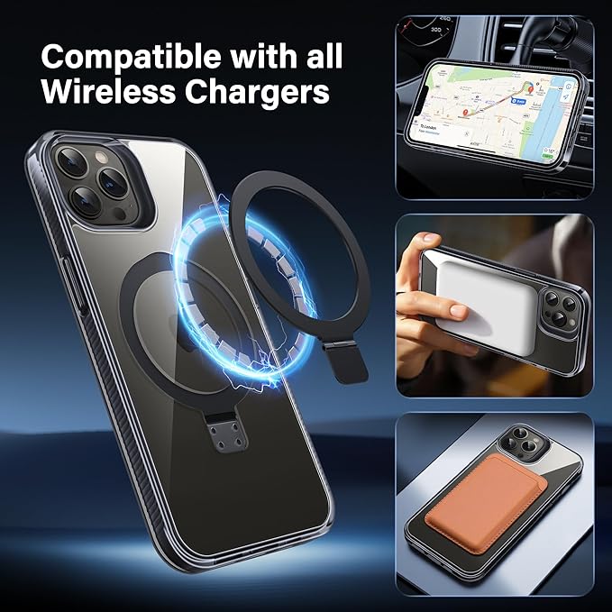 Magnetic Case for iPhone 13 Pro Max - [Built-in Invisible Stand] [Compatible with MagSafe] [Military Grade Drop Protection] Anti-Yellowing Hard Back Silicone Edge Cover, 6.7", Clear Black