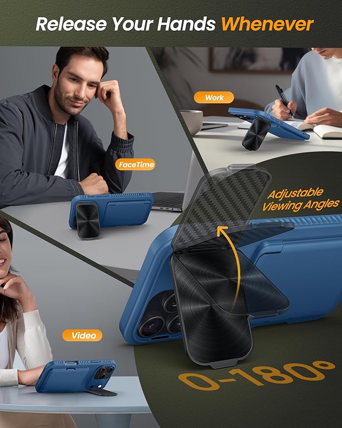 for iPhone 17 Pro Case with Card Holder, Built-in Stand & Camera Lens Cover, Shockproof Rugged Silicone Bumper Raised Edge Protective Wallet Phone Case for iPhone 17 Pro 6.3" 2025, Blue