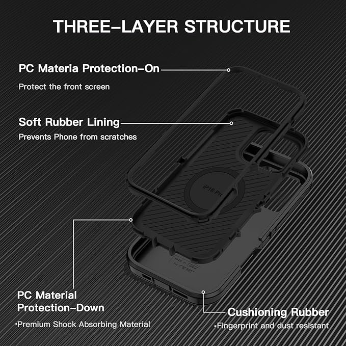 for iPhone 16 Pro Max Case [Compatible with MagSafe] Shockproof 3-Layer Full Body Protection [Without Screen Protector] Rugged Heavy Duty Cover Case for Apple iPhone 16 Pro Max 6.9",Black