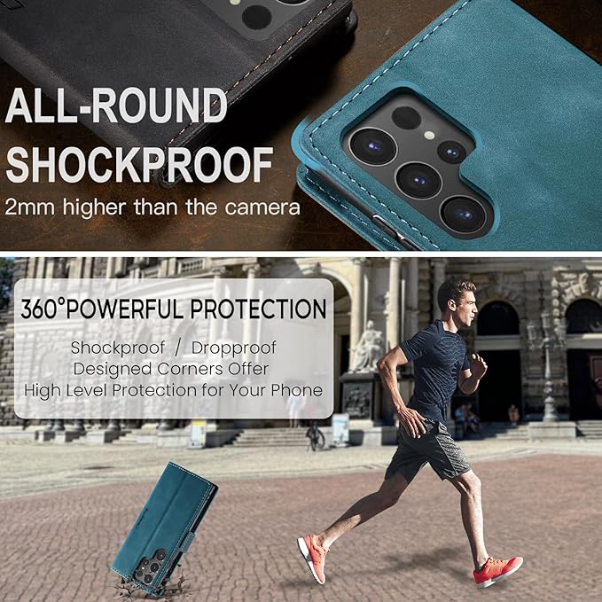 for Samsung Galaxy S24 Ultra Case, Flip Wallet Leather Case with Card Holder Magnetic Closure Shockproof Kickstand Protective Phone Cases Cover for Galaxy S24 Ultra 5G Cover,Blue-Green