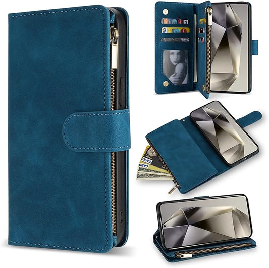 ZZXX for Samsung Galaxy S24 Ultra Wallet Case with RFID Blocking Card Slot PU Leather Zipper Flip Folio with Strap Kickstand Protective Cover for Samsung Galaxy S24 Ultra Case Wallet(Blue-6.8 inch)