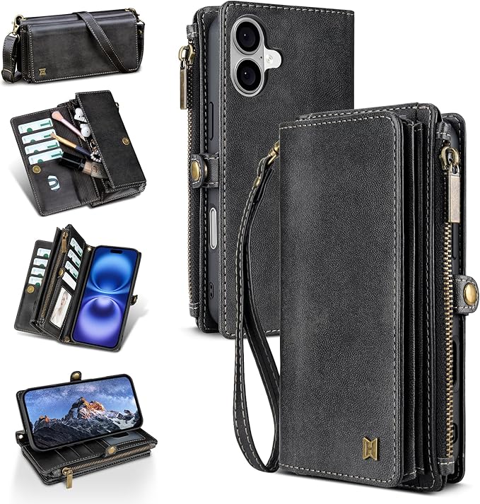 for iPhone 16 Plus Wallet Phone Case with 8 Card Holder,RFID Blocking | PU Leather | Kickstand | Flip | Wrist Strap&Shoulder Strap | Shockproof | Zipper Wallet | Women Men | 6.7" | Black