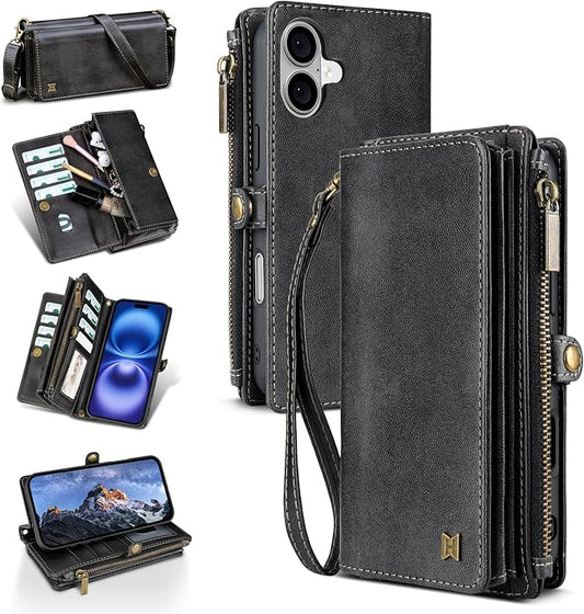 for iPhone 16 Plus Wallet Phone Case with 8 Card Holder,RFID Blocking | PU Leather | Kickstand | Flip | Wrist Strap&Shoulder Strap | Shockproof | Zipper Wallet | Women Men | 6.7" | Black