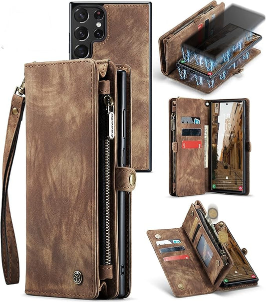 SZHAIYU 2 in 1 Detachable for Samsung Galaxy S23 Ultra Wallet Case with Card Holder, Retro Premium Flip Leather Cover Magnetic Zipper Pocket Phone Cases 6.8'' (Coffee,S23 Ultra)