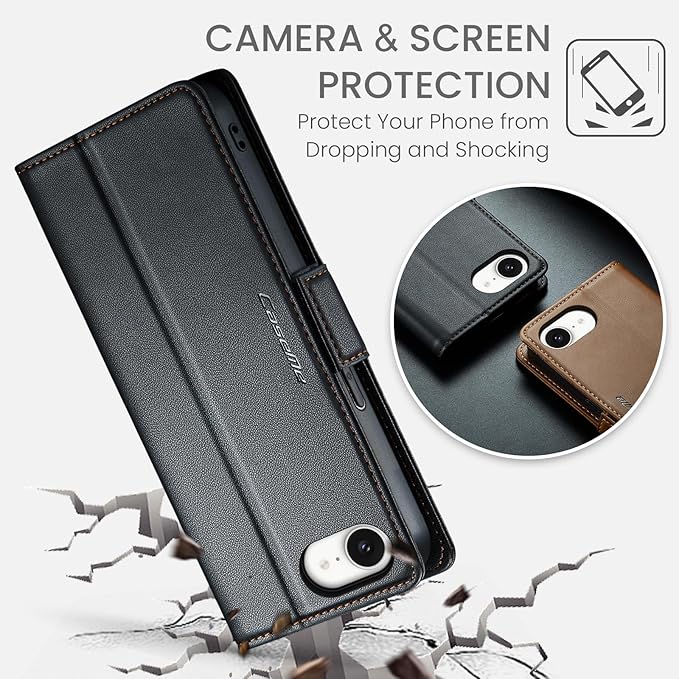 for Apple iPhone 16e Case, Premium PU Leather Wallet Case Flip Cover with [RFID Blocking][Card Holder][Stand Function] Shockproof Protective for iPhone 16E 6.1", Black