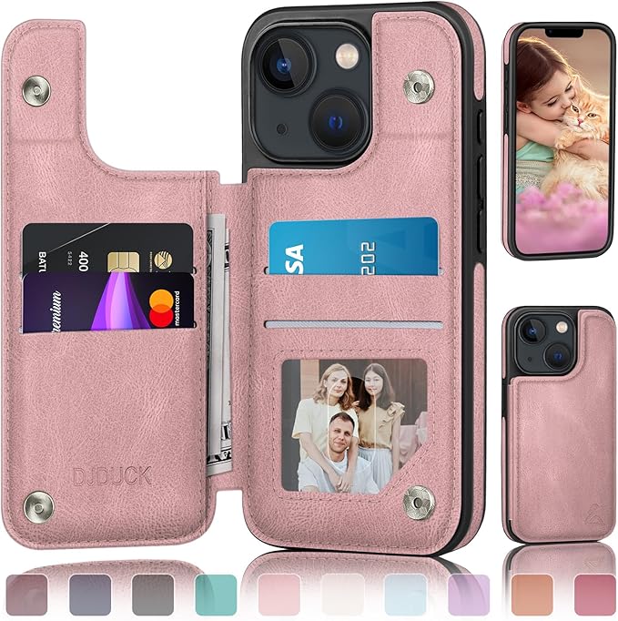 DJDUCK Designed for iPhone 14 Case Wallet with Card Holder, [Magnetic Clasp Cover] [RFID Blocking Leather Protection] Shockproof Women Men Cases 6.1 Inch for Apple 14 Pink