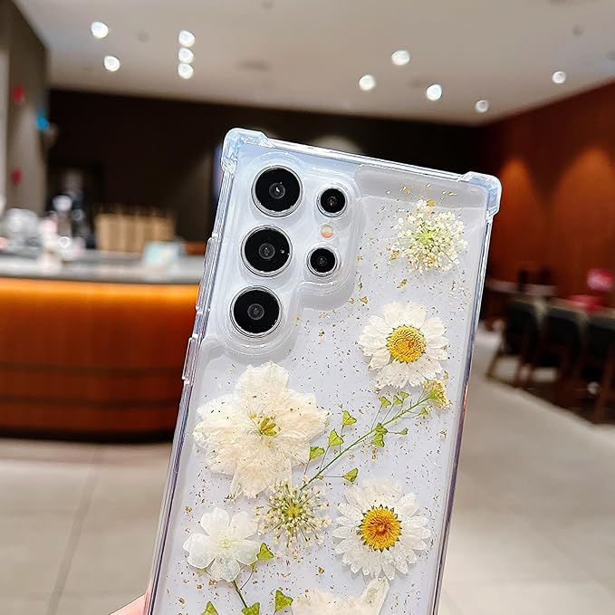 Compatible with Samsung Galaxy S23 Ultra Case Cute Pressed Dried Real Flowers Design Women Girly Shockproof Glitter Floral Clear Phone Cover S23 Ultra (White Flower)