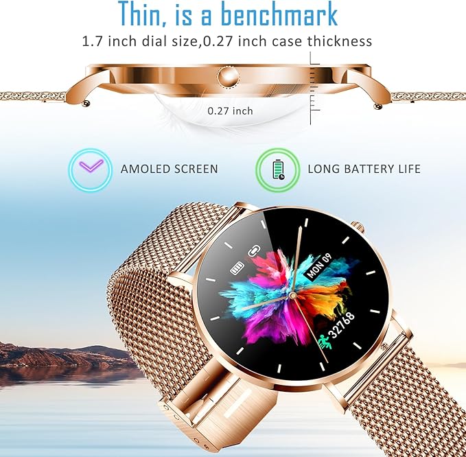 Smart Watch for Men and Women, 1.3 Inch Amoled HD Round Full Touch Screen Watch, Full Metal 6.8MM Ultra-Thin Case, Multiple Sports Modes, Compatible with Androidand iOS (Steel Gold)