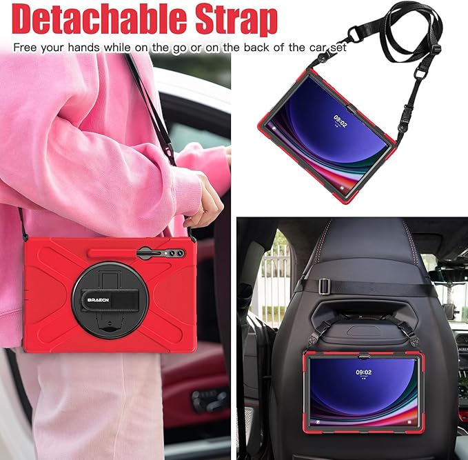 BRAECNstock Case for Samsung Galaxy Tab S10 Ultra/ S9 Ultra/ S8 Ultra 14.6" Shockporoof Protective Heavy Duty Kids Case with Pencil Holder [360 Rotating Strap]& Stand, Shoulder Strap, Red