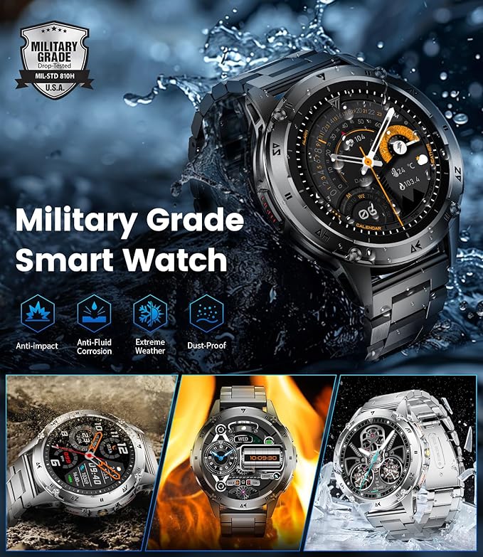 LIGE Military Smart Watch for Men iPhone Android 1.43" HD Amoled Rugged 110+ Sport Modes IP68 Waterproof Answer/Make Call Fitness Running Heart Rate Blood Pressure Health Mens Smartwatch