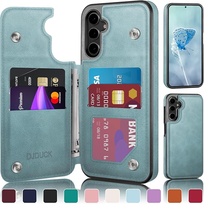 DJDUCK Designed for Samsung Galaxy S25 Case Wallet with Card Holder, [Magnetic Clasp Cover] [RFID Blocking Leather Protection] Shockproof Women Men Cases for Samsung S25 Sky Blue