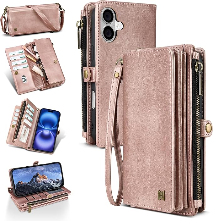 for iPhone 16 Plus Wallet Phone Case with 8 Card Holder,RFID Blocking | PU Leather | Kickstand | Flip | Wrist Strap&Shoulder Strap | Shockproof | Zipper Wallet | Women Men | 6.7" | Rose Gold
