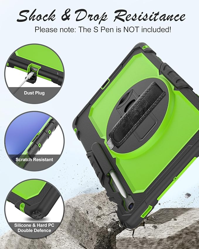 Case for Samsung Galaxy Tab S10 FE Plus 5G Tablet 13.1'', Shockproof Protective Cover with Tempered Glass Screen Protector, Rotatable Kickstand, S Pen Holder, Hand/Shoulder Strap, Green