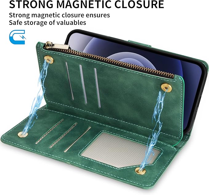 ZZXX for iPhone 12/12 Pro Wallet Case with Card Slot Premium Soft PU Leather Zipper Flip Folio Wallet with Wrist Strap Kickstand Protective for iPhone 12(Green 6.1 inch)