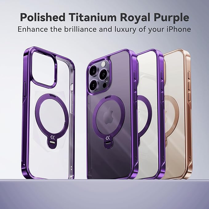 CASEKOO Royal Purple Titanium for iPhone 14 Pro Max Case with 360° Spin Magnetic Stand [Fit for MagSafe][16FT Military Protection] Polished Clear for iPhone 14 ProMax Case Ring 6.7'', Deep Purple
