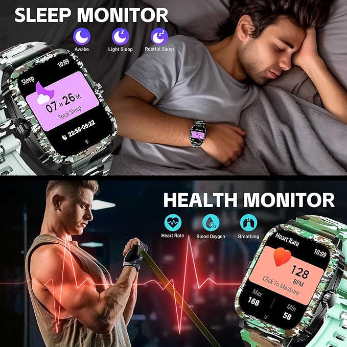 Military Smart Watches for Men (Make/Answer Call) 1.96" Screen Outdoor Activity Tracker with 100+ Sport Modes Health Monitor 3ATM Waterproof Smartwatch (Camouflage Green)