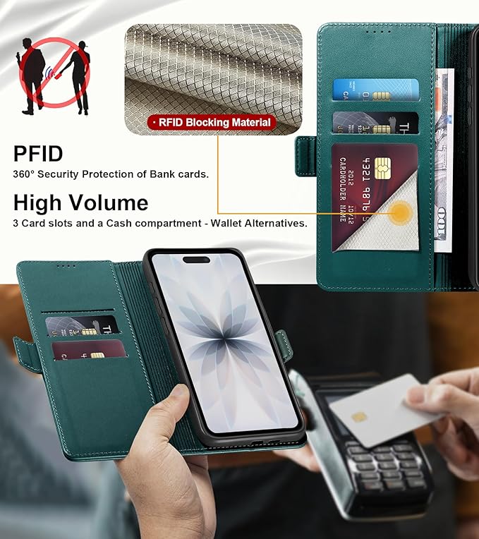 Wallet Flip Case for iPhone 17 5G - [RFID Blocking] Luxury PU Leather Card Holder Magnetic Phone Cover with Kickstand,Shockproof Protective Case,Green