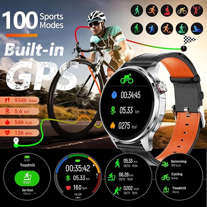 Lyaarka Smart Watches for Men,1.46" Fitness Tracker with GPS,Health Monitor,AI,Bluetooth Call/TextReply, Compass/Altitude/Barometer,100+ Sports Mode,5ATM Waterproof for Android/iPhone with 2 Straps