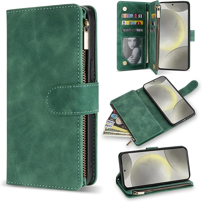 ZZXX for Samsung Galaxy S24 Wallet Case with RFID Blocking Card Slot PU Leather Zipper Flip Folio with Strap Kickstand Protective Cover for Samsung Galaxy S24 Case Wallet(Green-6.2 inch)
