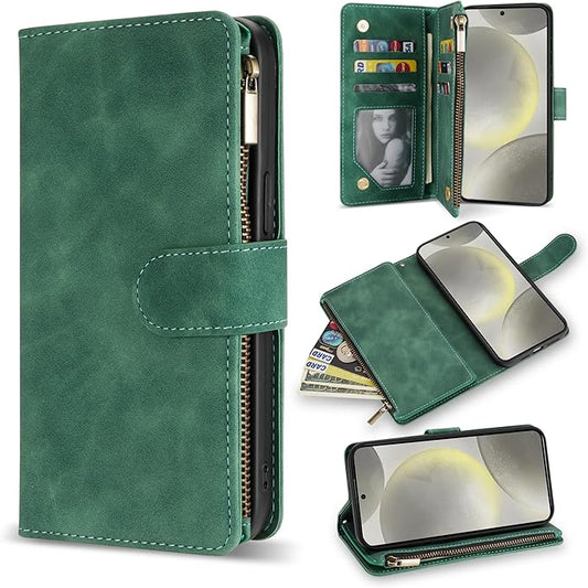 ZZXX for Samsung Galaxy S24 Wallet Case with RFID Blocking Card Slot PU Leather Zipper Flip Folio with Strap Kickstand Protective Cover for Samsung Galaxy S24 Case Wallet(Green-6.2 inch)