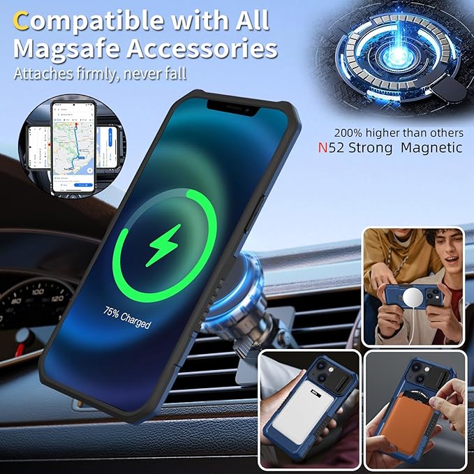 for iPhone 15 Plus Case Compatible with MagSafe Wireless Charging Magnetic for 15 Plus Case with 2 Screen Protector,Built-in Kickstand & Camera Cover Shockproof Heavy Duty Protection Blue