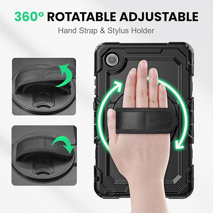 SEYMAC Case for Lenovo Tab One 8.7 inch/ K9 TB305FU (2025), Heavy Duty Full-Body Shockproof Protective Case with Screen Protector, Stand, Hand/Shoulder Strap and Pen Holder, Black