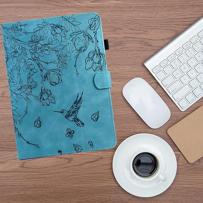 KEROM Case for Samsung Galaxy Tab A9+ Plus 11 Inch 2024 2023 (SM-X210/X216/X218), Embossed Suede Leather Folio Stand Cover with Auto Wake/Sleep & Card Slot & Pen Holder - Blue Bird Flower Embossing