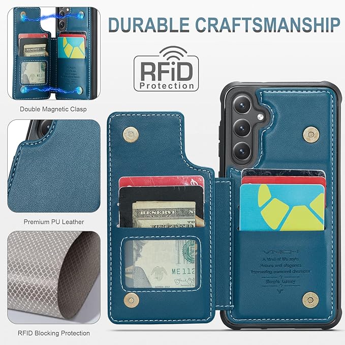 Vinich for Samsung Galaxy S25 Plus Wallet Case with Card Holder, RFID Blocking Credit Slots Kickstand Shockproof Phone Cover for Women Men, Blue