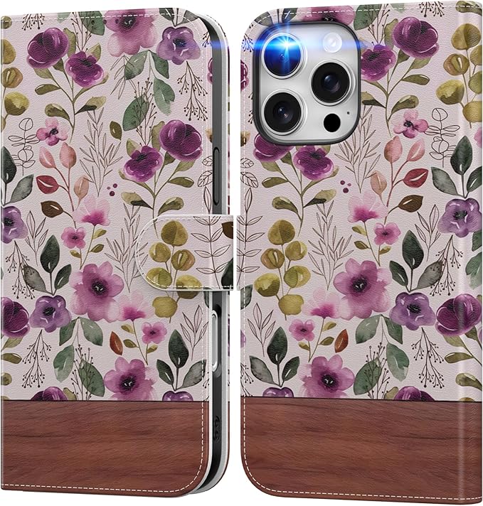 DEENAKIN for iPhone 16 Pro Max Wallet Case with Card Holder + Cash Clip, RFID-Blocking, Military-Grade Drop Protection, Magnetic Closure with Leather Kickstand - Floral Wallpaper