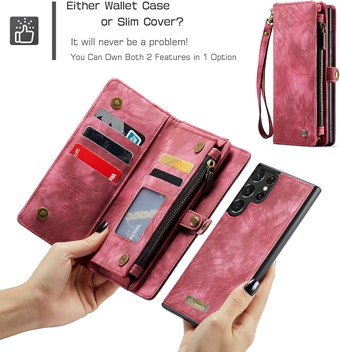 SZHAIYU 2 in 1 Detachable for Samsung Galaxy S23 Ultra Wallet Case with Card Holder, Retro Premium Flip Leather Cover Magnetic Zipper Pocket Phone Cases 6.8'' (Red,S23 Ultra)