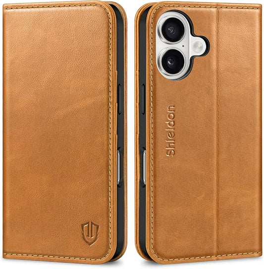 SHIELDON Case for iPhone 16 2024, Genuine Leather Magnetic Folio Wallet [RFID Blocking Credit Card Slots] Kickstand Shockproof Soft Phone Holder Case Compatible with iPhone 16 6.1" - Oily Brown