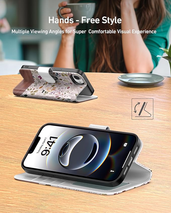 DEENAKIN for iPhone 16e Wallet Case with Card Holder + Cash Clip, RFID-Blocking, Military-Grade Drop Protection, Magnetic Closure with Leather Kickstand - Vibrant Foliage