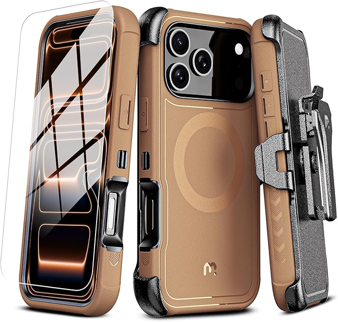 M MYBAT PRO for iPhone 17 Pro Case, Maverick Series Case with Belt Clip Holster,[Compatible with Magsafe] w/Screen Protector,Anti-Drop,Shockproof,w 360°Rotating Kickstand,Heavy Duty Protection Brown