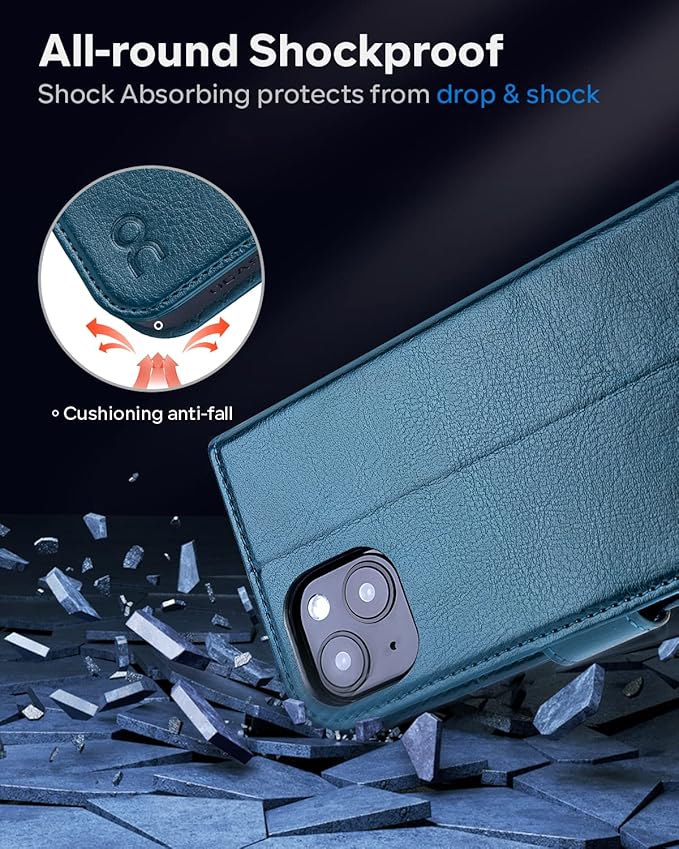 OCASE Compatible with iPhone 14 Wallet Case, PU Leather Flip Folio Case with Card Holders RFID Blocking Kickstand [Shockproof TPU Inner Shell] Phone Cover 6.1 Inch 2022 (Peacock Blue)
