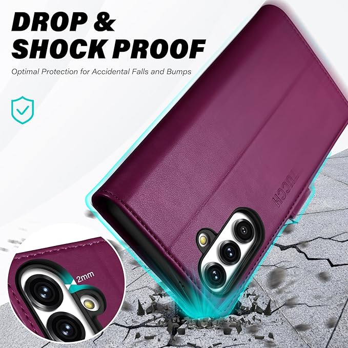 TUCCH Case Wallet for Galaxy S25 FE 5G, Kickstand [RFID Blocking] 4 Card Holder, Folio Magnetic PU Leather [TPU Shockproof Interior Shell] Protective Cover (6.7") 2025, Plum Purple