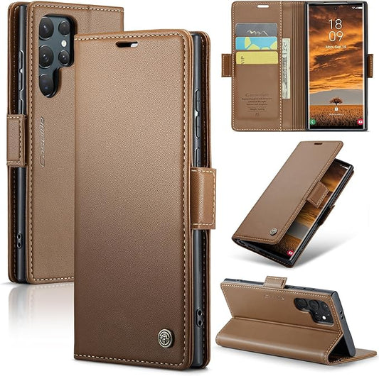 AUPAI for Samsung Galaxy S24 Ultra Wallet Case with Credit Card Holder, PU Leather RFID Blocking Folio Flip Kickstand Magnetic Clasp Protective Phone Cover for Women Men Brown
