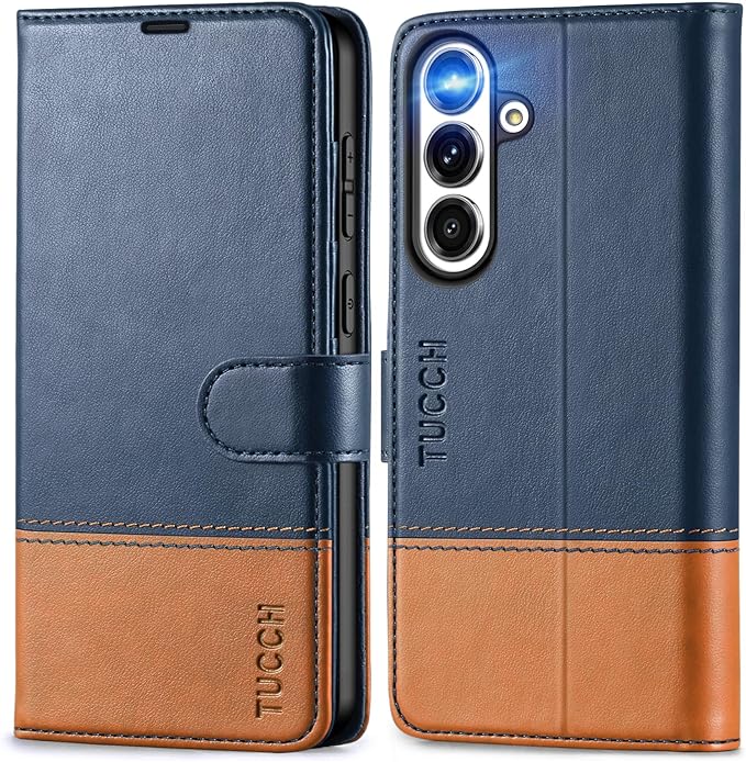 TUCCH Case Wallet for Galaxy S25 FE, PU Leather Magnetic Kickstand [RFID Blocking] 4 Card Slot Folio Flip Cover with [TPU Shockproof Interior Shell] (6.7") 2025, Blue & Brown