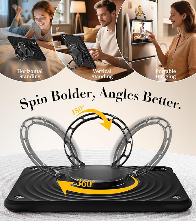 BRAECN Ripple Case for iPad (A16)11th/10th Generation 11/10.9 inch 2025/2022 Zinc Alloy Handle Ring Stand Protective Heavy Duty Screen Protector 360°Rotating 180°Folding Shoulder Strap Full-Body Cover