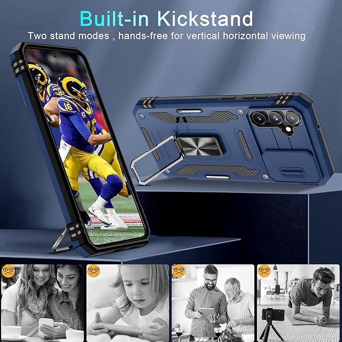 DEERLAMN Case for Samsung Galaxy S23 FE 6.4-Inch with Slide Camera Cover+Screen Protector(1 Pack),Rotated Ring Kickstand Military Grade Shockproof Protective Cover-Navy Blue