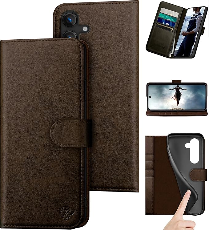 Compatible with Samsung Galaxy S25 Genuine Leather Wallet case【RFID Blocking】【4 Credit Card Holder】【Real Leather】 Flip Folio Book Phone case Cover Women Men for Samsung S25 case Brown